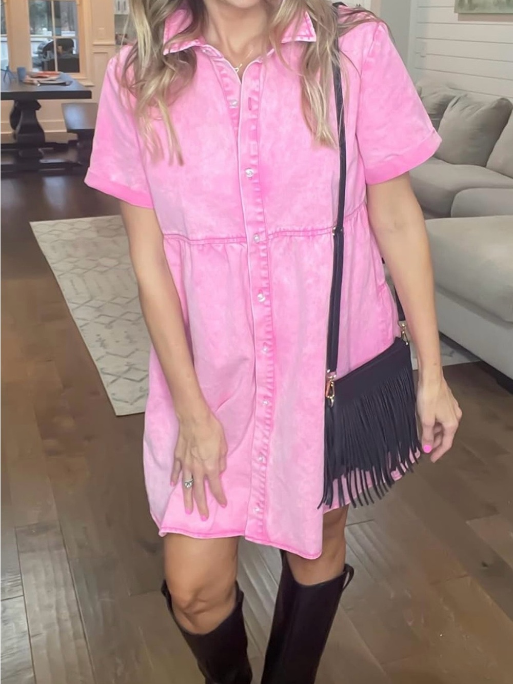 NWOT- Women’s Casual Short Sleeve Pink Tiered Denim Babydoll Dress- Medium - Picture 9 of 11